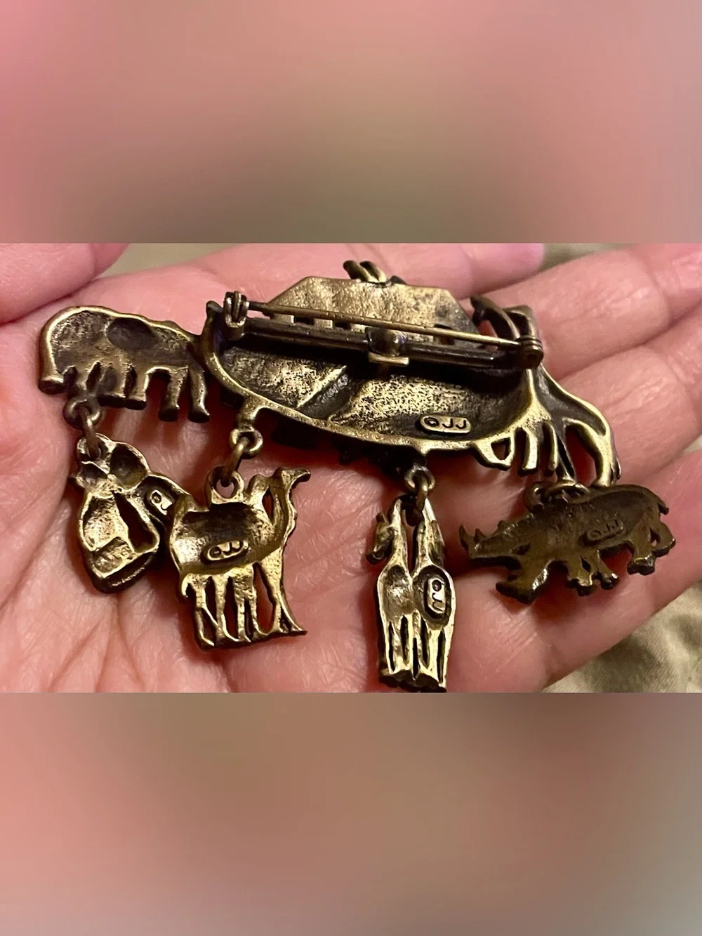 Noah's Ark Animal Charm Brooch in Brass Tone